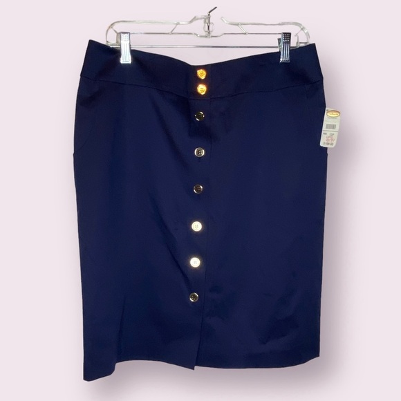 Talbots navy blue pencil skirt gold buttons academia country club NWT 12 stretch - Picture 1 of 7